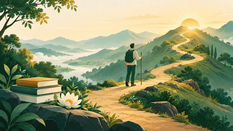 A calm figure with a walking staff climbing a winding path through green hills at sunrise