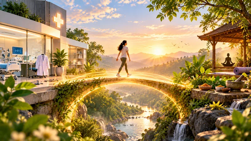 A woman walking over a golden bridge from a modern hospital towards a garden with yoga and herbs, at sunrise