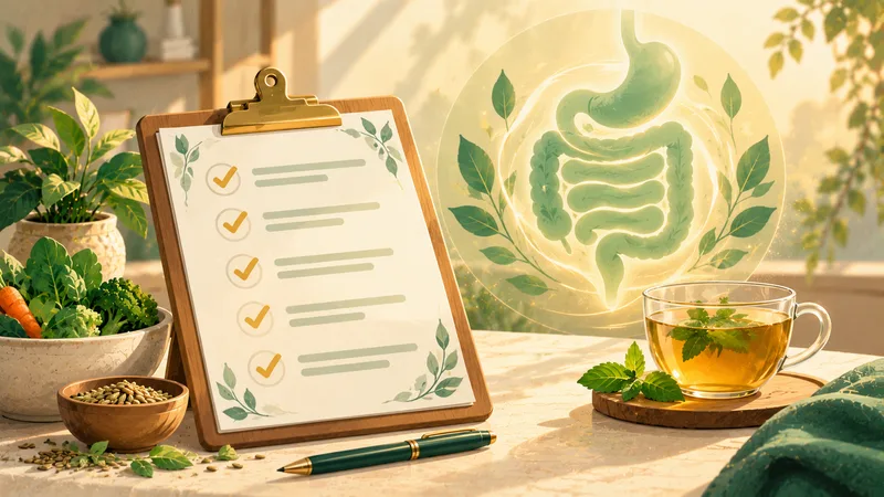 A checklist with golden ticks beside a cup of herbal tea and a glowing gut illustration
