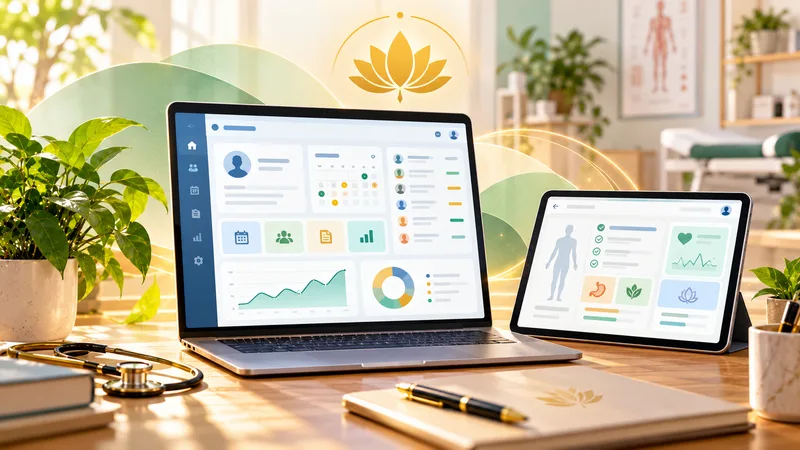 A laptop and a tablet showing a clinic dashboard with appointments, records and charts, under a golden lotus emblem
