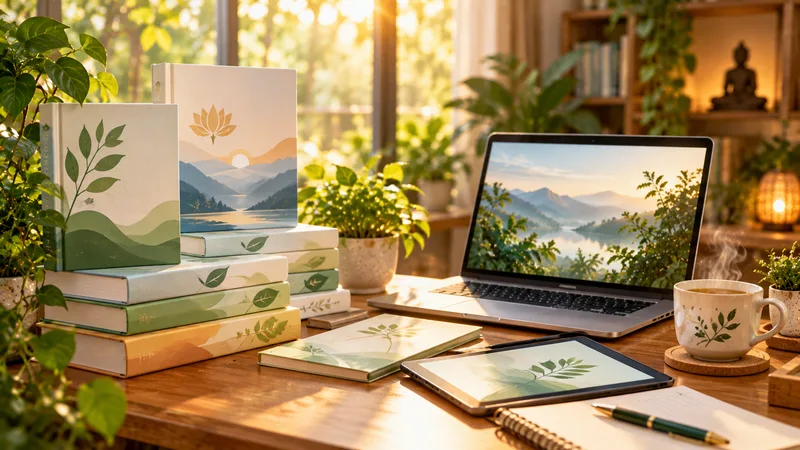 A desk with books and printed guides with leaf covers, a laptop, a tablet and a cup of tea